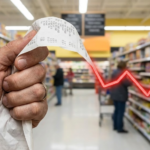 Gráfico de caída económica representado en un recibo de supermercado largo sostenido por una persona preocupada.