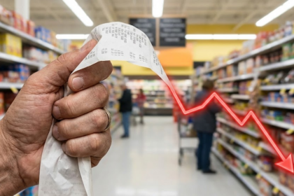 Gráfico de caída económica representado en un recibo de supermercado largo sostenido por una persona preocupada.