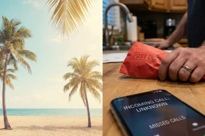 Hombre revisando factura vencida de tarjeta de crédito en una cocina de Florida.