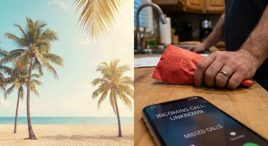 Hombre revisando factura vencida de tarjeta de crédito en una cocina de Florida.