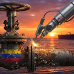 Reparación de infraestructura petrolera en Venezuela con tecnología de Estados Unidos, simbolizando la nueva inversión extranjera.