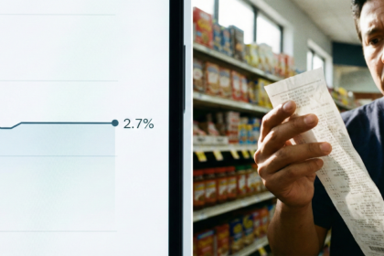 Comparación visual entre el gráfico de inflación estable del 2.7% y la realidad de los altos precios en el recibo de compra de un consumidor hispano.