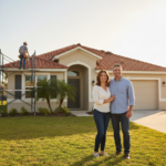 Familia hispana frente a su casa en Port St. Lucie con reparaciones de techo en proceso gracias al programa SHIP.