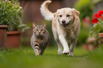 Mascotas haciendo actividad física en un parque durante el atardecer.