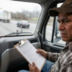Conductor hispano de camión revisando un examen en inglés dentro de la cabina de su vehículo comercial.
