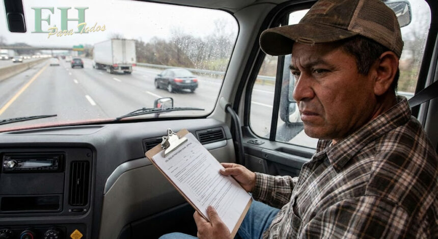 Conductor hispano de camión revisando un examen en inglés dentro de la cabina de su vehículo comercial.