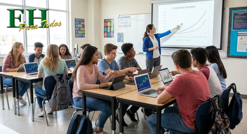 Estudiantes de secundaria aprendiendo finanzas con simuladores digitales en clase.