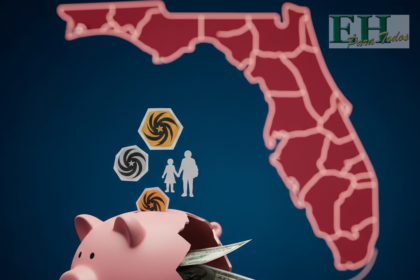 Ilustración conceptual de una alcancía de fondos de emergencia de Florida rota, con dinero fluyendo hacia operativos fronterizos mientras una tormenta se acerca.