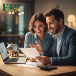 Pareja feliz revisando los reembolsos de impuestos en una computadora.