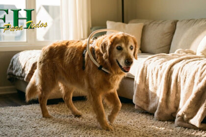 Perro con arnés de protección para ceguera caminando en casa.