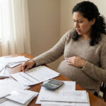 Mujer hispana embarazada mirando preocupada facturas médicas en la mesa de su casa en Florida.