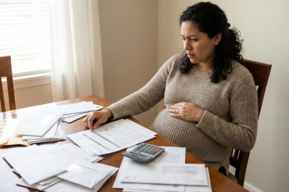 Mujer hispana embarazada mirando preocupada facturas médicas en la mesa de su casa en Florida.
