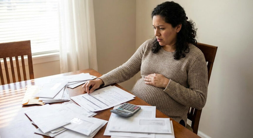 Mujer hispana embarazada mirando preocupada facturas médicas en la mesa de su casa en Florida.