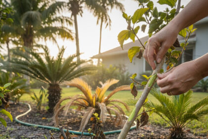 Planta tropical en Florida recuperándose después de una helada con nuevos brotes verdes.