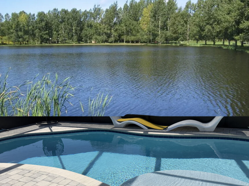 Una piscina residencial y un estanque de agua representando el peligro potencial de ahogamiento para niños con autismo.