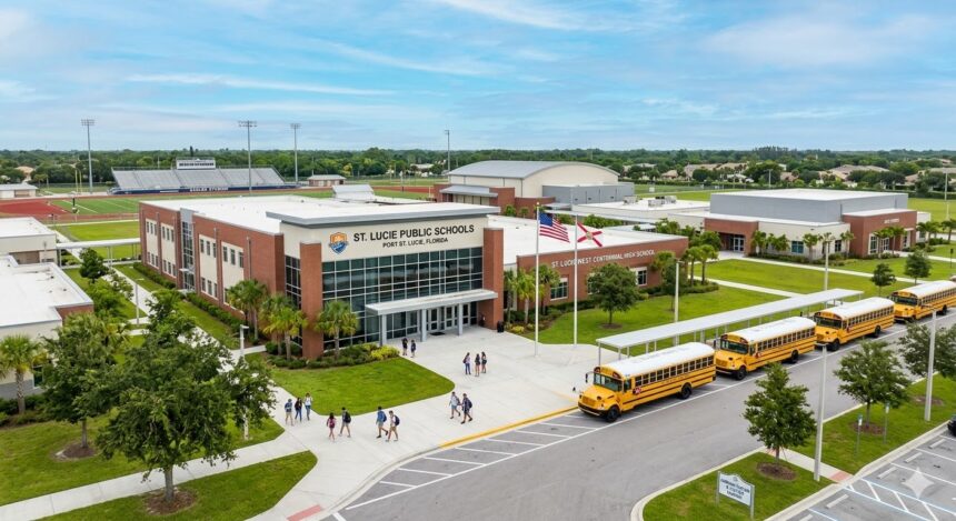 Edificio del Distrito Escolar en St. Lucie, representando los desafíos financieros del distrito.