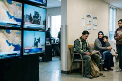 Grupo de inmigrantes esperando en una sala gubernamental mientras se muestran noticias internacionales de fondo, representando la tensión global actual.