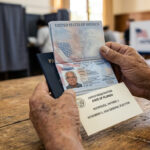 Manos sosteniendo un pasaporte de los Estados Unidos y una tarjeta de votante, representando la nueva ley electoral de Florida.