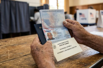 Manos sosteniendo un pasaporte de los Estados Unidos y una tarjeta de votante, representando la nueva ley electoral de Florida.