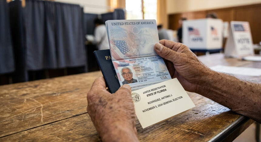 Manos sosteniendo un pasaporte de los Estados Unidos y una tarjeta de votante, representando la nueva ley electoral de Florida.