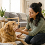Dueño hispano preocupado revisando las encías de su perro enfermo en casa para detectar señales de alerta.