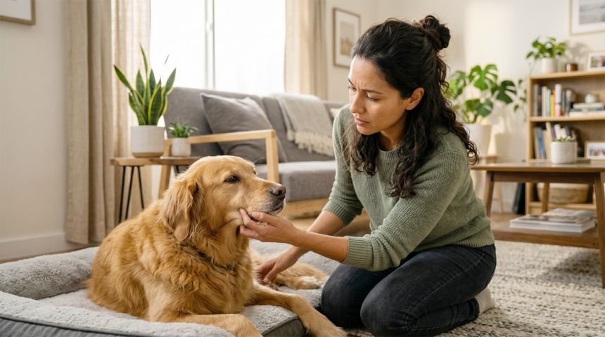 Dueño hispano preocupado revisando las encías de su perro enfermo en casa para detectar señales de alerta.