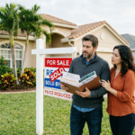 Pareja hispana preocupada mirando el letrero de "Se Vende" frente a su casa estancada en el mercado.