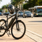 Bicicleta eléctrica estacionada en una calle de Florida con un casco de seguridad sobre el manubrio, simbolizando las nuevas regulaciones viales.