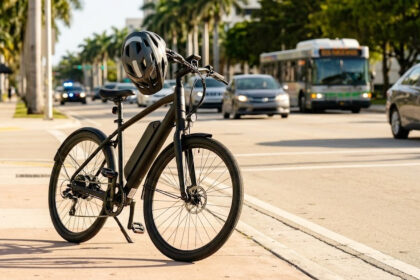 Bicicleta eléctrica estacionada en una calle de Florida con un casco de seguridad sobre el manubrio, simbolizando las nuevas regulaciones viales.