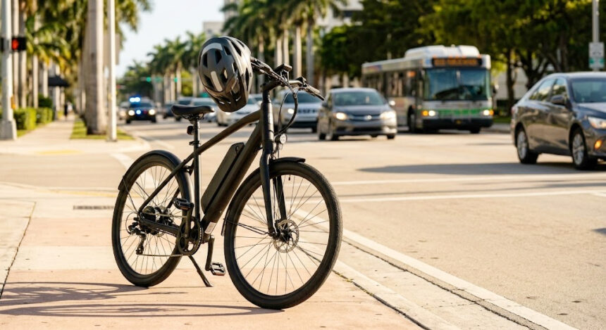 Bicicleta eléctrica estacionada en una calle de Florida con un casco de seguridad sobre el manubrio, simbolizando las nuevas regulaciones viales.