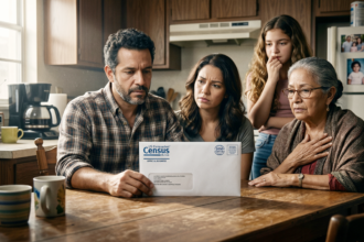 Familia hispana observando un sobre del Censo en la mesa, representando la tensión sobre el conteo electoral en Florida.