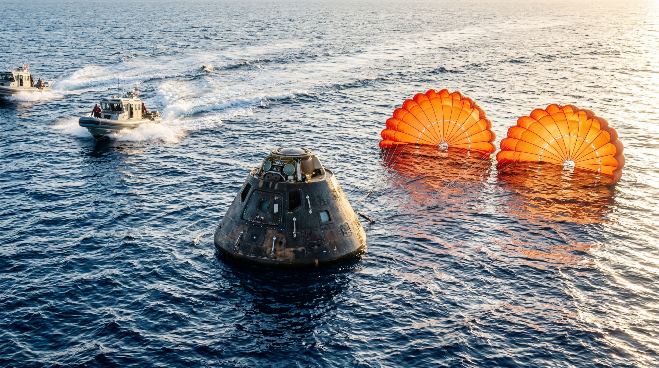 La cápsula Orion de la misión Artemis II flotando en el Océano Pacífico tras su exitoso regreso a la Tierra.