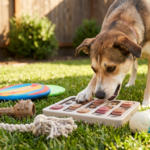 un perro interactuando activamente con un juguete de rompecabezas interactivo en un patio trasero soleado, rodeado de otros juguetes estimulantes.