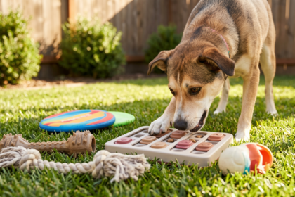 un perro interactuando activamente con un juguete de rompecabezas interactivo en un patio trasero soleado, rodeado de otros juguetes estimulantes.