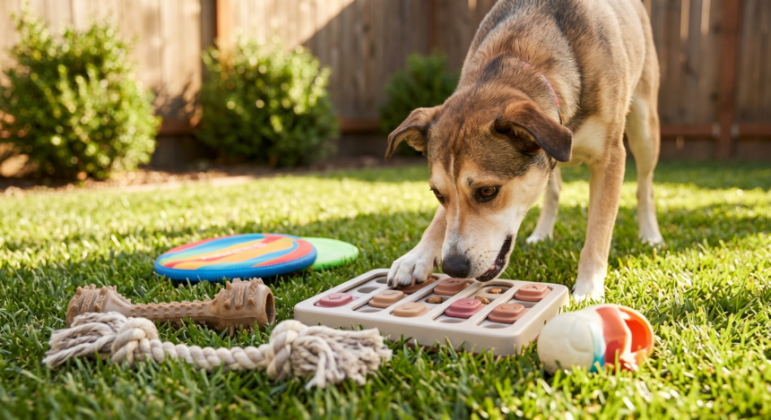 un perro interactuando activamente con un juguete de rompecabezas interactivo en un patio trasero soleado, rodeado de otros juguetes estimulantes.