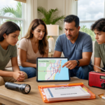 Familia hispana en Florida preparando su kit de emergencia y revisando mapas de evacuación antes de un huracán.