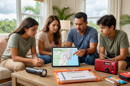 Familia hispana en Florida preparando su kit de emergencia y revisando mapas de evacuación antes de un huracán.