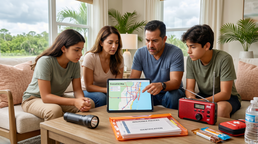 Familia hispana en Florida preparando su kit de emergencia y revisando mapas de evacuación antes de un huracán.