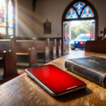 Teléfono móvil mostrando una alerta de emergencia en el banco de una iglesia en Palm Beach.