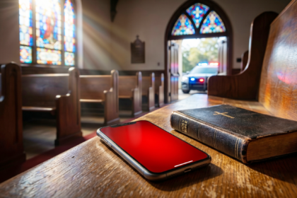 Teléfono móvil mostrando una alerta de emergencia en el banco de una iglesia en Palm Beach.