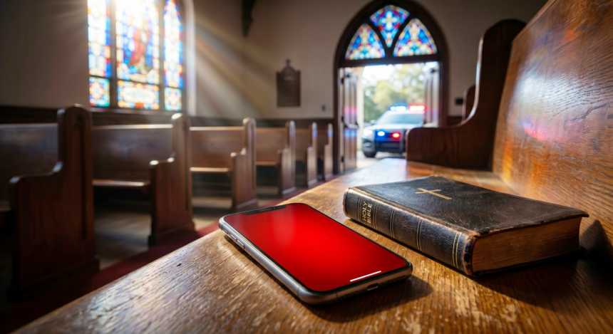 Teléfono móvil mostrando una alerta de emergencia en el banco de una iglesia en Palm Beach.