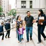 Familia hispana saliendo aliviada de una corte de inmigración tras el fallo que prohíbe arrestos de ICE.