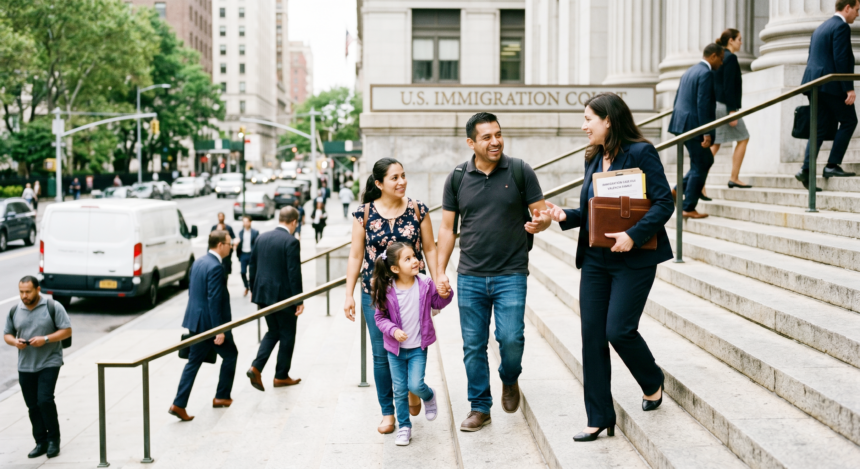 Familia hispana saliendo aliviada de una corte de inmigración tras el fallo que prohíbe arrestos de ICE.