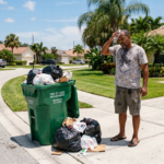 Residente frustrado frente a un contenedor de basura verde desbordado en una calle de Port St. Lucie bajo el sol.