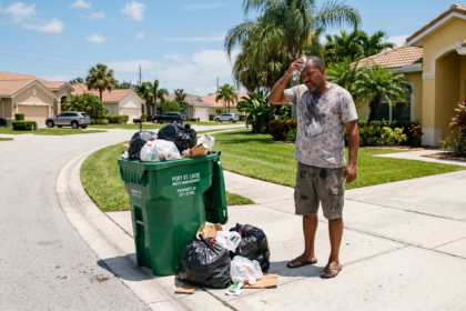 Residente frustrado frente a un contenedor de basura verde desbordado en una calle de Port St. Lucie bajo el sol.