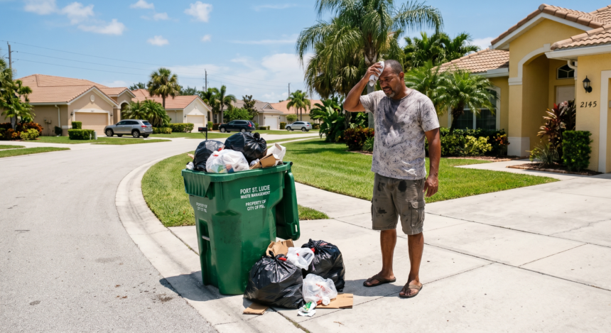 Residente frustrado frente a un contenedor de basura verde desbordado en una calle de Port St. Lucie bajo el sol.