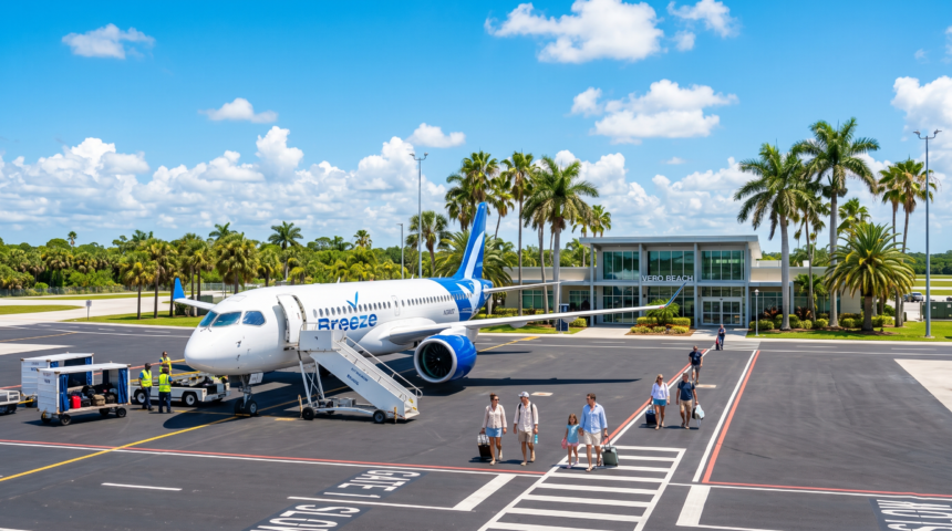 Avión comercial moderno estacionado en la pista del soleado Aeropuerto Regional de Vero Beach en Florida.