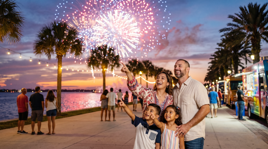 Familia hispana celebrando el 4 de julio en el Sur de Florida bajo un cielo iluminado por fuegos artificiales patrióticos.