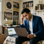 Joven profesional hispano preocupado revisando precios de viviendas en una computadora portátil dentro de su antigua habitación de la infancia.