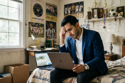 Joven profesional hispano preocupado revisando precios de viviendas en una computadora portátil dentro de su antigua habitación de la infancia.
